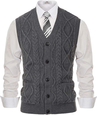 Men'S Sweater Vest V-Neck Sleeveless Cable Knitted Cardigan Vest
