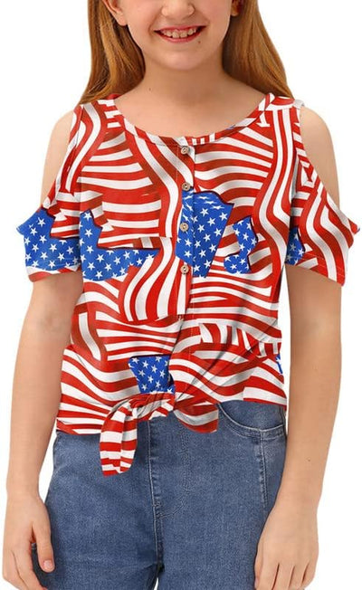 Girls July 4Th Cold Shoulder Tie Front Button down Patriotic Shirt 5-14 Years
