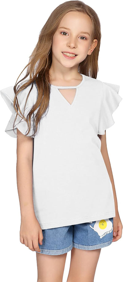 Girls Shirts Short Sleeve Tee Ruffle Solid Summer Keyhole Neck Cotton Blouse Tops